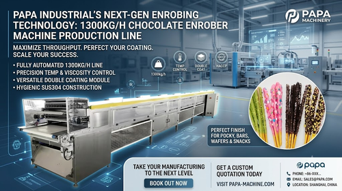Najnowsze wiadomości o Papa Industrial Launches High-Capacity 1300kg/h Double Coating Chocolate Enrober Machine Line